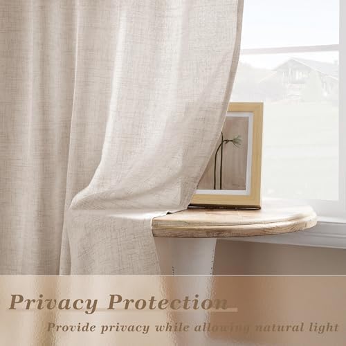 Neutral Beige Linen Curtains 84 Inch Length 2 Panels Semi Sheer