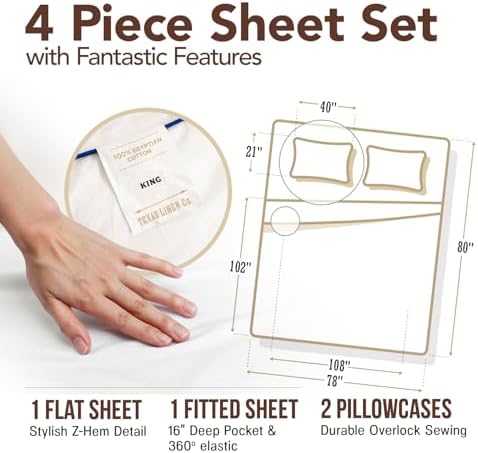 TEXAS LINEN CO. Egyptian Cotton King Size Sheets Set – Everyday