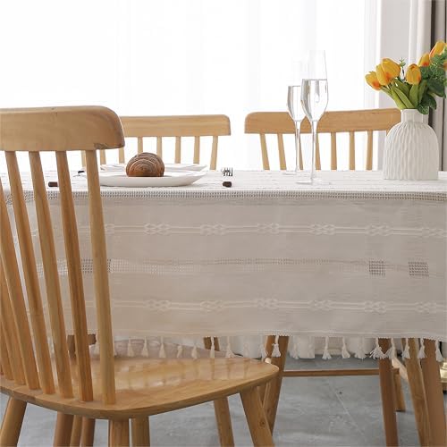 Gernaice Rustic Stripe Embroidered Oval Tablecloth Heavy Tassel Cotton