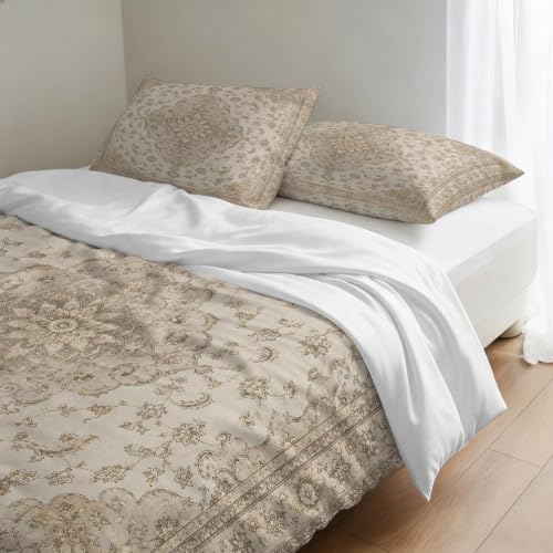 Beige Flowers Boho Duvet Cover Set 3 Pieces with Zipper Closure