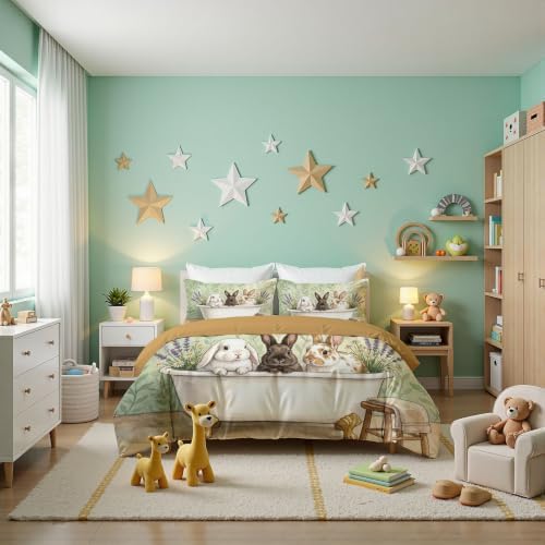 Sage Green Retro Bathtub Rabbit Duvet Cover Set for Women Girls 3 Pcs