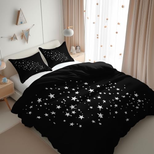 King Duvet Cover Set Soft Microfiber Simple Stars Black