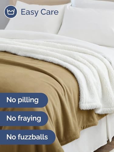 Sherpa Fleece Blanket Throw XL Size - Reversible Blanket - Camel, 50"
