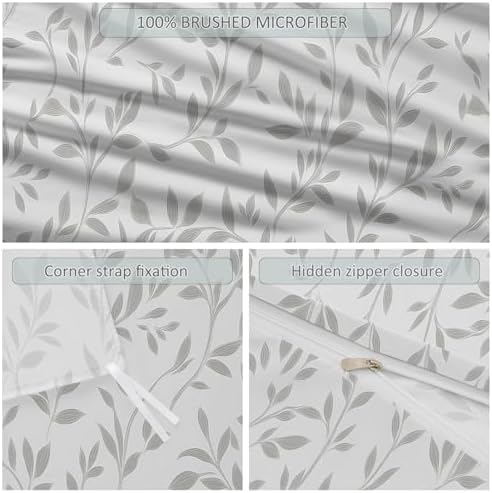 Duvet Cover King - Simple Leaves Vines Bedding Set Light Gray Soft