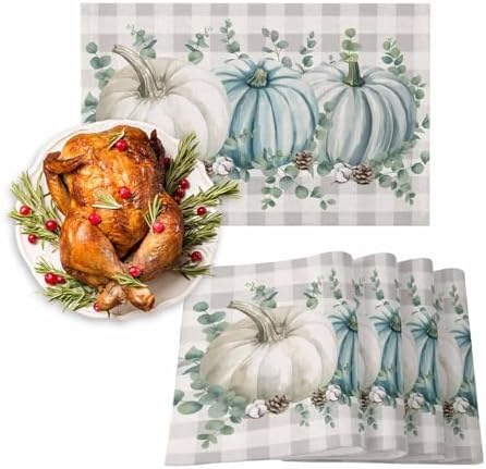 Placemats Set of 8, Vintage Thanksgiving Autumn Pumpkin Washable Table