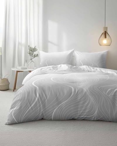 Duvet Cover Set Queen, Gray Ripple White Geometric Stripes 3 Piece