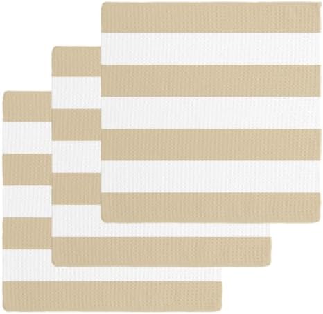 Beige White Striped Dish Towels Set, Waffle Weave Kitchen Towels