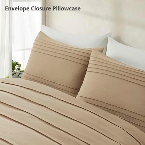Oli Anderson 3PCS Pleated Duvet Cover Set, Khaki, Queen