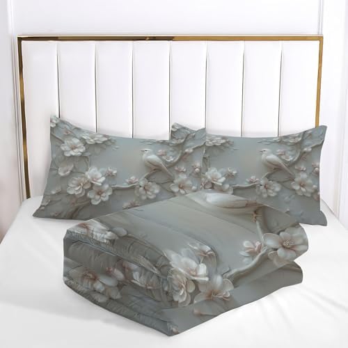 Duvet Cover Set King, 3D Minimalist Bird Flower Brushed Microfiber