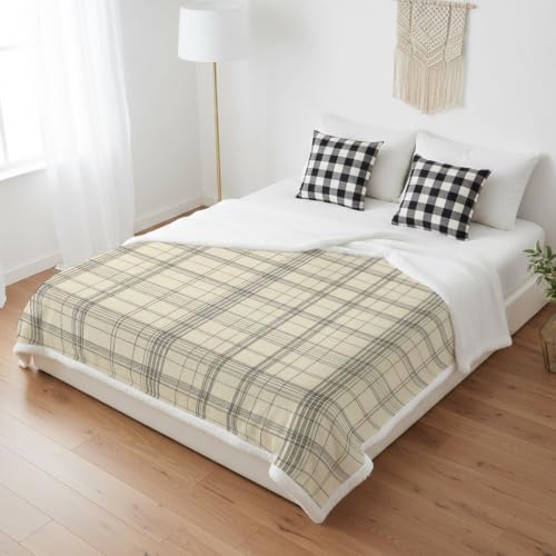 Beige Grid Gingham Sherpa Fleece Blanket Abstract Modern Minimalist