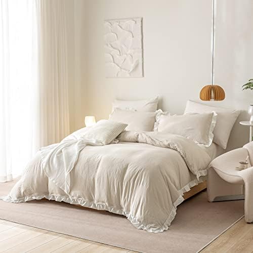 Beige Cream Duvet Cover Set King Size Bedding Set White Ruffle Pleated