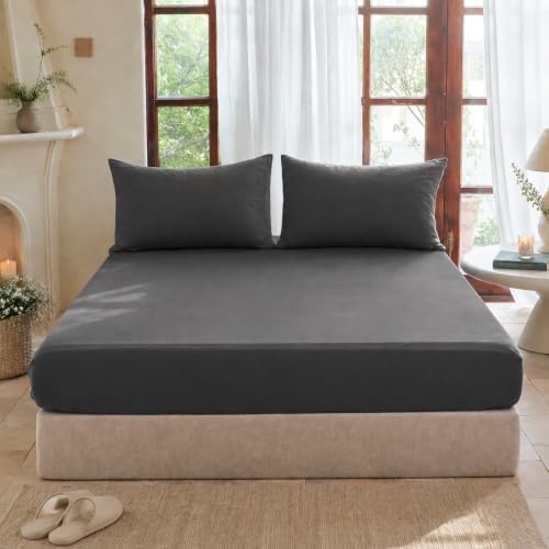 BISELINA Deep Pocket Fitted Sheet 100% Washed Cotton King Size, Fits