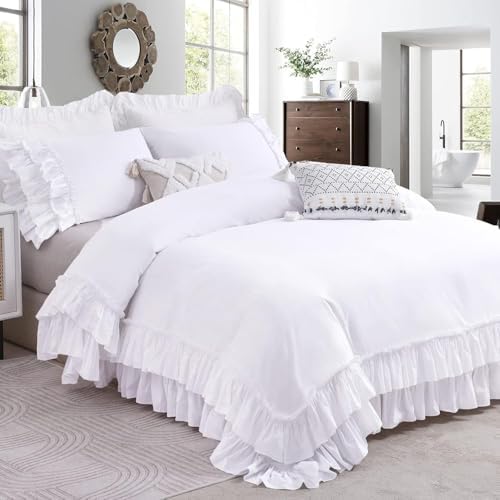 QSH Ruffle White Duvet Cover California King Size- Washed Cotton