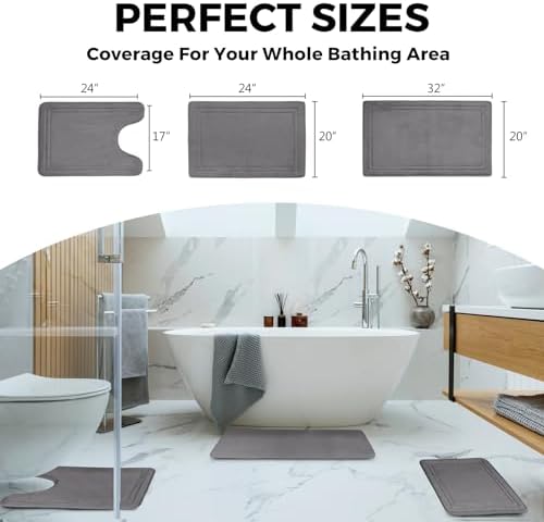 Memory Foam Bath Mat Grey Bathroom Rug Set of 2 Non-Slip Washable