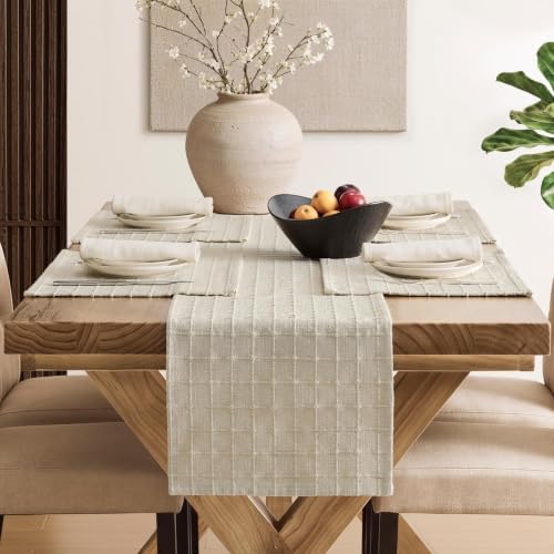 ZeeMart Artisanal Grid Linen Table Runner, 13x90 Inches Neutral Beige