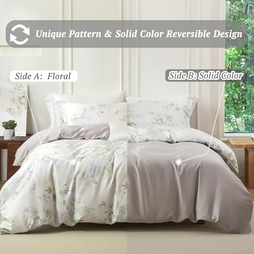 MILDLY Beige Floral Duvet Cover Set 3pcs Elegant for All Season Full