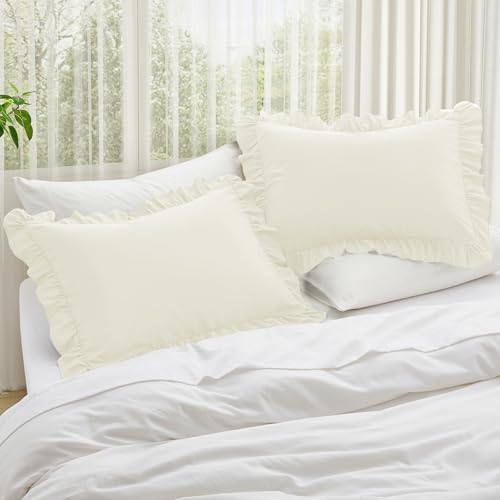 KKJIAF Ruffle Pillow Cases Queen Size Set of 2, Beige