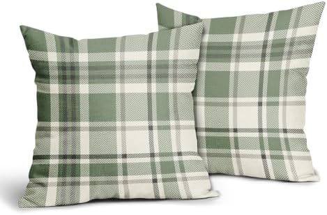 Light Sage Green Plaid Pillow Covers 18x18 Set of 2 Spring Buffalo