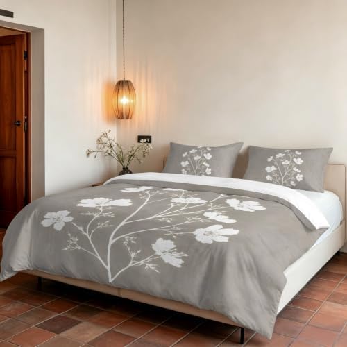 Gray Floral Blossom Duvet Cover Set 3 Pieces with Zipper Closure