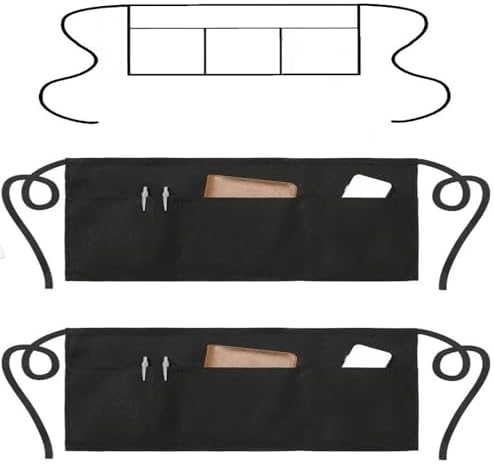 Black Half Waist Apron with 3 Pockets for Waiters, 24x12 in