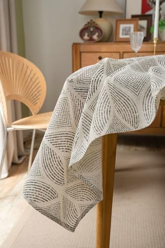 Gray Cotton Linen Rectangle Tablecloth 55 W x 70 L, Geometric Pattern