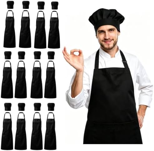 Black Chef Apron and Hat Set, 12 Aprons + 12 Hats, Bulk Pack