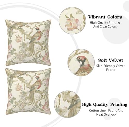 Vintage Bird Floral Soft Velvet Throw Pillow Covers Set of 2 Cream