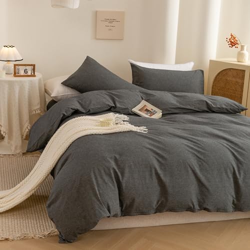 ECOCOTT Cotton 3 Pcs Duvet Cover Set Linen Feel Dark Grey Queen Size