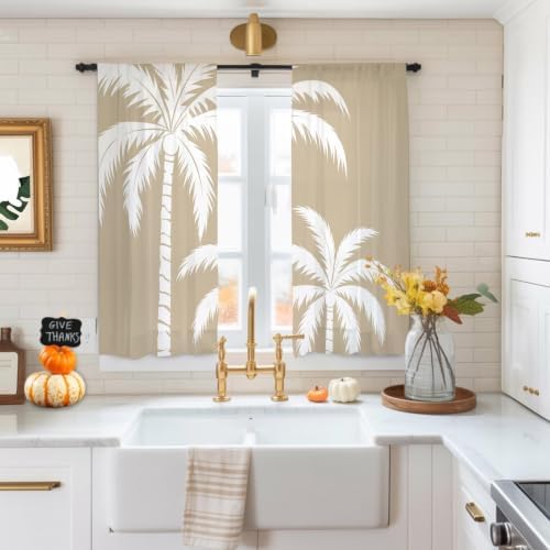 Brown Palm Tree Sheer Curtains 72 Inches Long, Coastal Tropical Summer