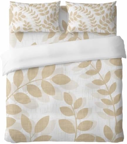 Beige Leaves Queen Size 4 Piece Duvet Cover Set, Summer Farmhouse
