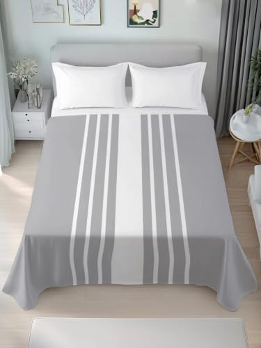 Cal King Size Flat Sheet Only, Light Gray White Stripes Bed Top Sheet