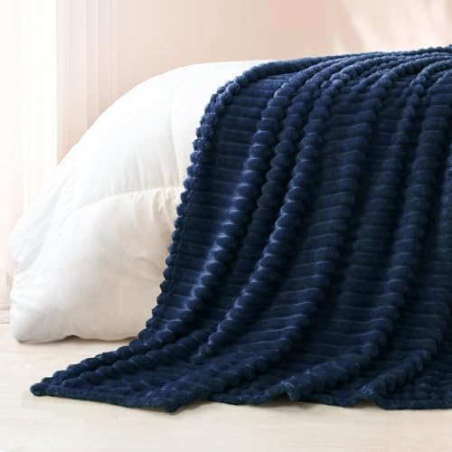Exclusivo Mezcla Striped California King Fleece Bed Blanket, Navy Blue