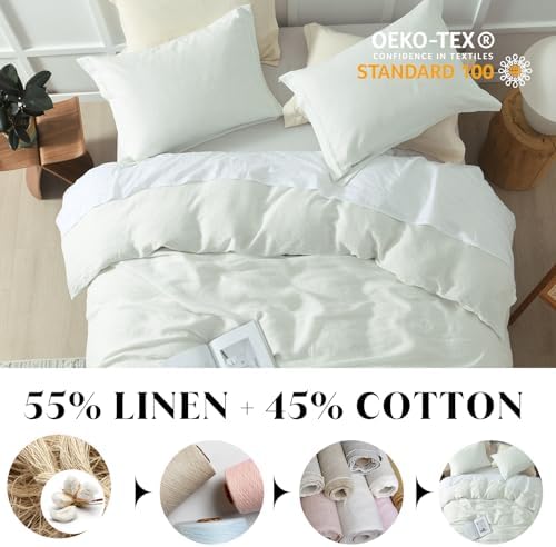 CozyDH 100% Linen Duvet Cover Set Queen Size, White, 3 Pieces
