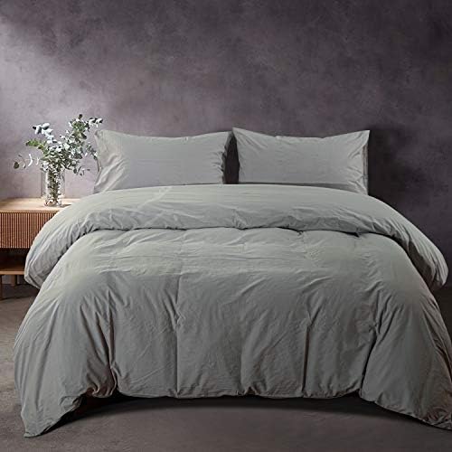 NTBAY King Ruffled Duvet Cover Set, Pieces Washed Cotton, Light Grey