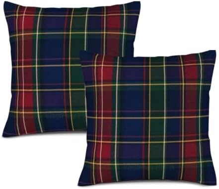 Dark Plaid Pillow Cover Navy Green Tartan 22x22 Inch Set of 2 Cotton