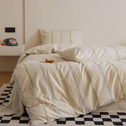 Striped Twin Size Duvet Cover Cotton Linen Cream Comforter Cover Twin