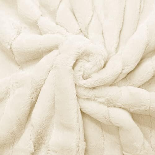 Stripe Faux Fur Throw Blanket with Sherpa Back, 50"x60", Cream Beige