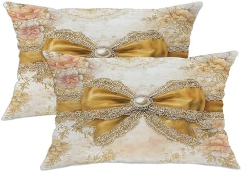 Vintage Floral Throw Pillow Covers Set of 2, Cream and Gold Decorative