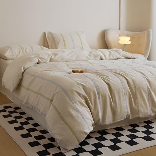 Striped Twin Size Duvet Cover Cotton Linen Cream Comforter Cover Twin