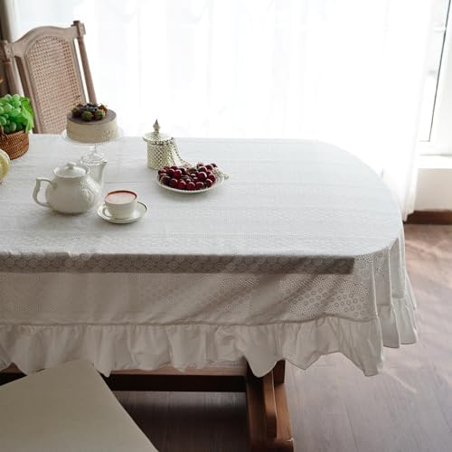 Oval Cotton Tablecloth Ruffled Lace Farmhouse, White 60" x 104"