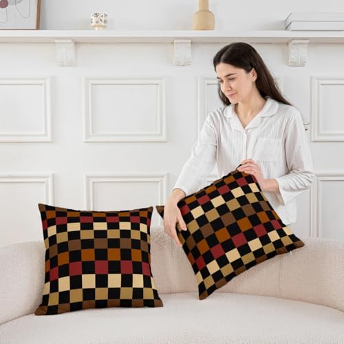 Checkered Retro Throw Pillow Covers Set of 2 Brown Red Black Plaid