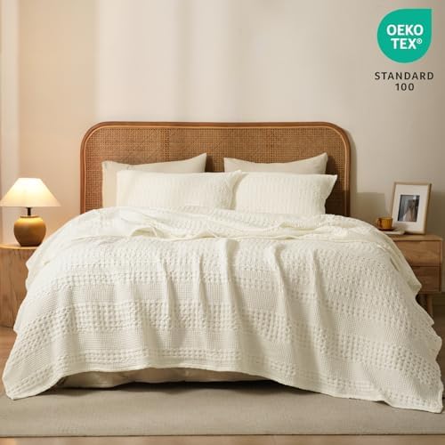 PHF Lightweight 100% Cotton Waffle Blanket for Bed, King, Cannoli