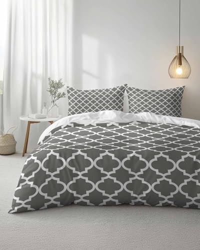 Duvet Cover Set Queen, Gray Modern Trellis 3 Piece Bedding Set