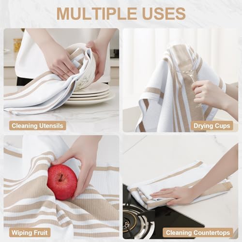 Homaxy Premium Cotton Stripe Kitchen Towels 3 Pack, 18"x 28", Khaki