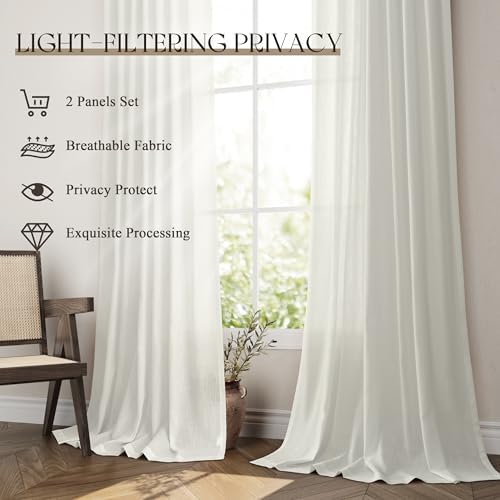 Jowels Ivory Linen Grommet Curtains 108 Inch Length for Living Room
