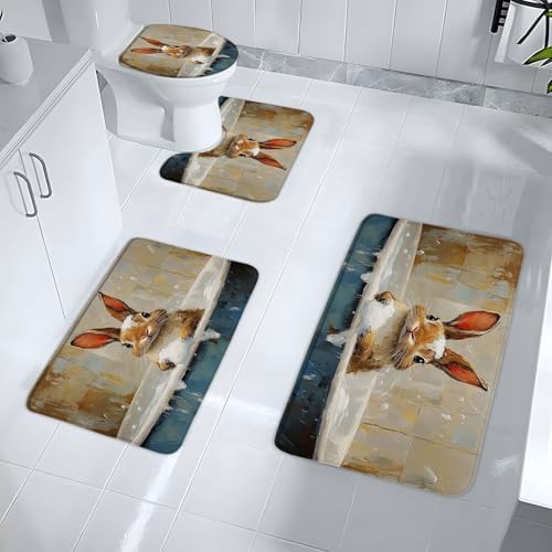 4 PCS Funny Bunny Bath Mat Fun Rabbit in Bathtub Bubble Oil Painting