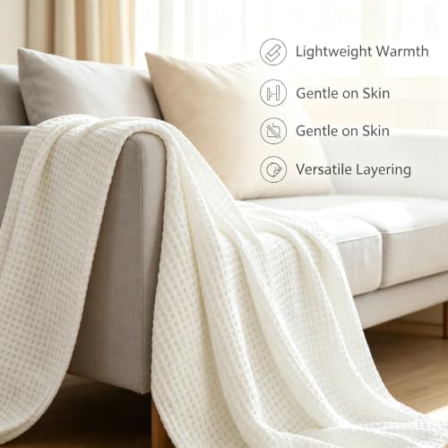 Lightweight 100% Cotton Waffle Blanket,Throw XL,Ivory