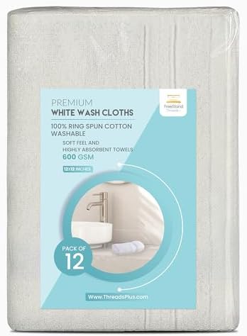 Threads+ 12 Pack White Wash Cloths, 100% Cotton, Soft & Absorbent