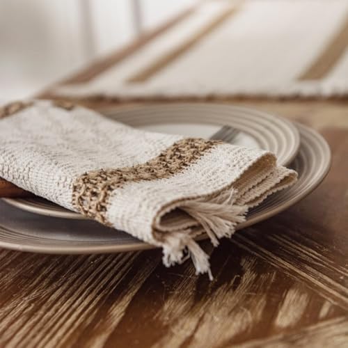 Niviy Boho Placemats Set of 4, 12x18 Inch Natural Cotton Burlap and