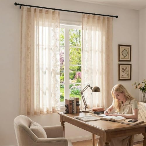 jinchan Floral Linen Curtains, Back Tab 50x63 Inch, 2 Panels Ivory
